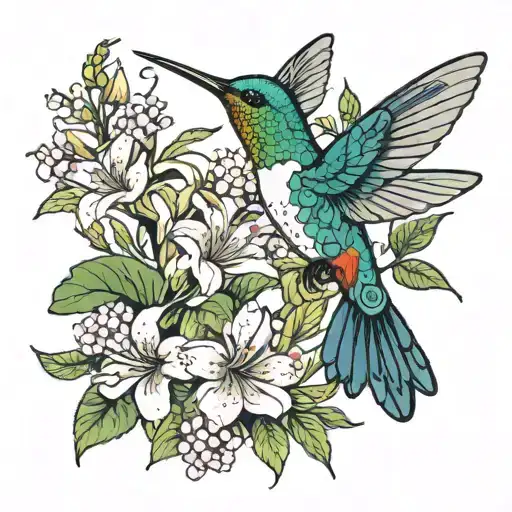 Hummingbird Drinking Honeysuckle Flowers