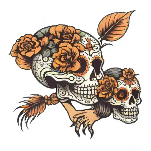 Sugar Skull Couple Holding Hands On A Beach At Sunset