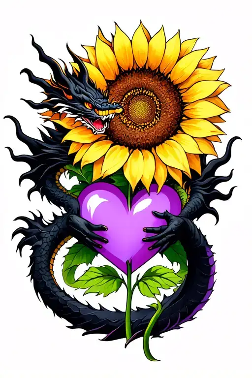 Black Dragon Holding Onto Purple Heart Sunflower Growing