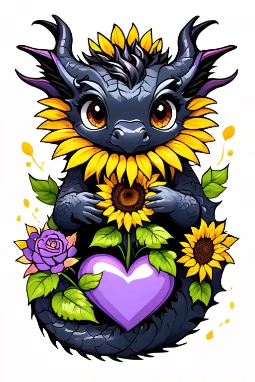 Cute Black Dragon Holding Onto Purple Heart Sunflower Growing