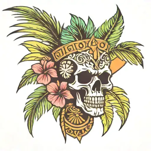 Palm Tree And Tiki Mask Skull For Shell