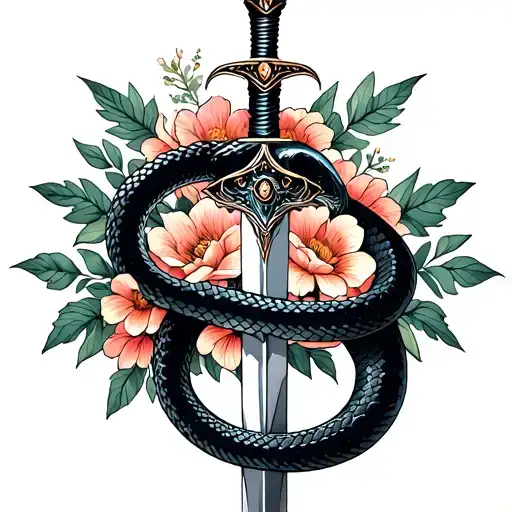 Black Snake Wrapped Around A Dagger With Flowers In The Background