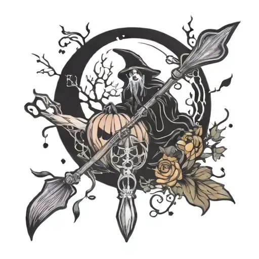 Coffin Planchette Pumpkin Ghost Witch Broom In Front Of Moon