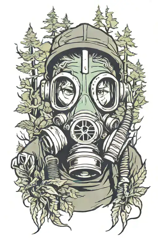 Kid Wearing Gas Mask In A Forest With Boreal Aurora