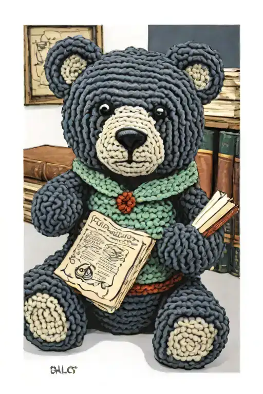 Baloo The Bear Crocheted Plush Holding A Hardcover Book