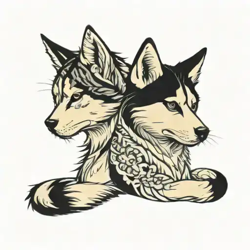 Side View Of A Cat And A Husky Dog Looking In Opposite Directions