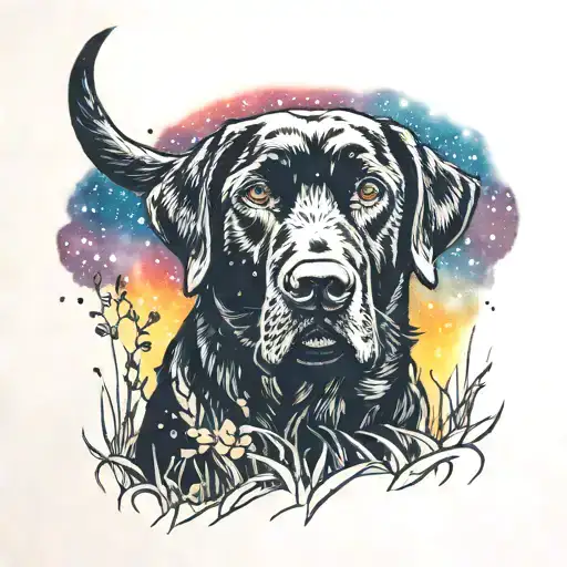 Black Lab Silhouette With No Features Sitting In Grass With Galaxy Background