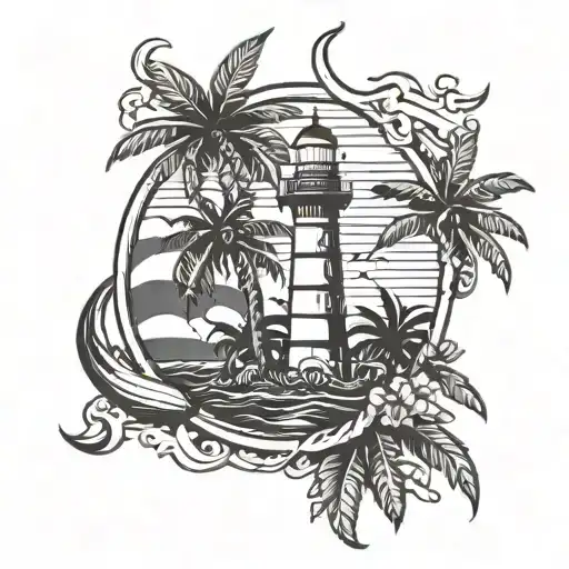 Black And White Color Lighthouse Anchor Palm Trees