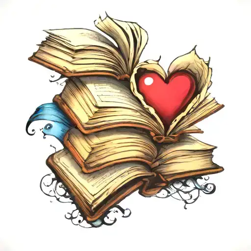 Books Pile Open Book With Ink Heart Shape