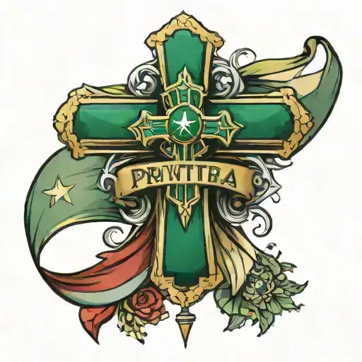 A Cross With A Emerald In The Middle And A Banner Saying Privitera And A Filipino Flag With Stars