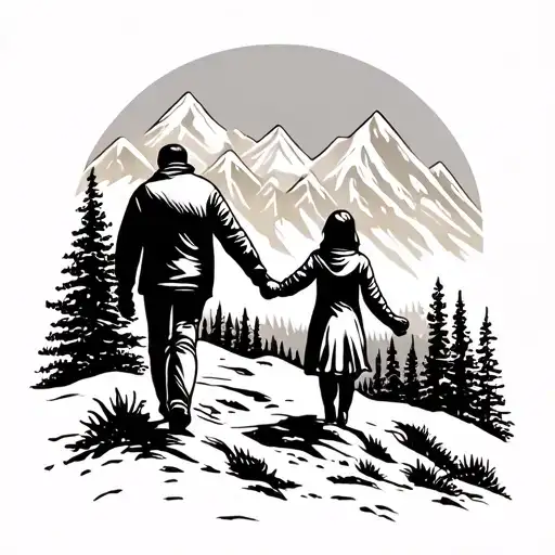 Remembrance Tattoo For Dad Holding Hands With Daughter Walking In Mountains