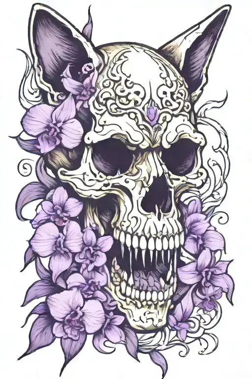 Cat Skull With Purple Orchids Intertwined