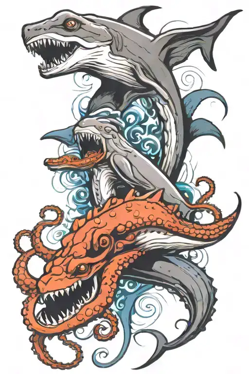 Octopus Fighting A Hammerhead Shark