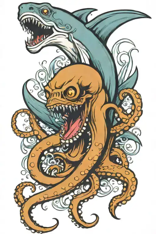 Sailor Jerry Style Octopus Fighting A Hammerhead Shark