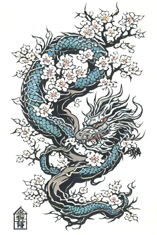 Cherry Blossom Tree And Chinese Dragon