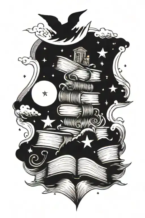 Night Sky With Stars And Books With Ocean Waves Hiding Amphitrite