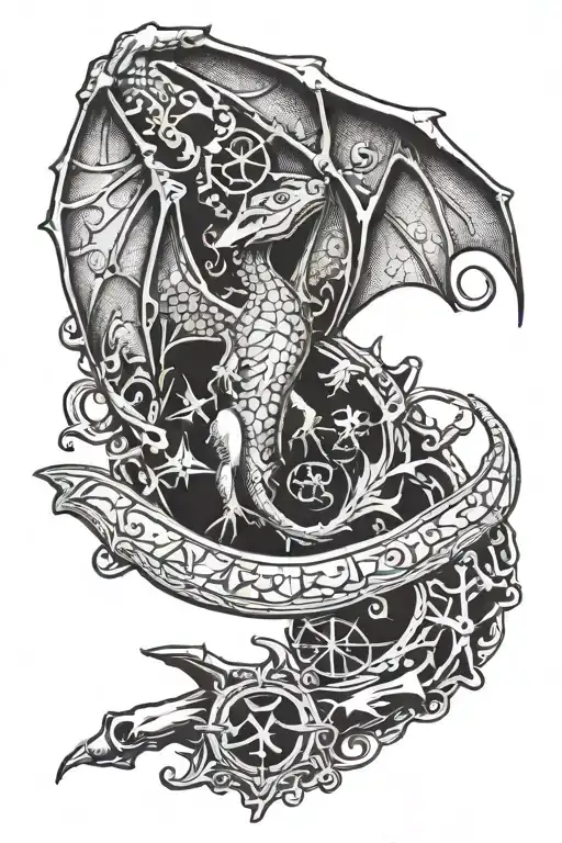 A Lizards Crawling On A Gothic Style Bat Wing With Witchcraft Symbols Hidden Within The Design