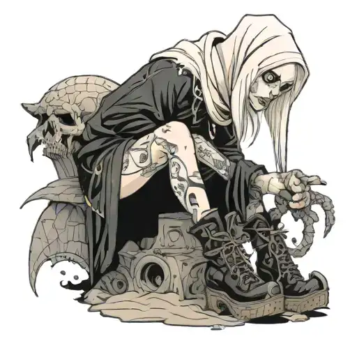 Albino Girl In Grim Reaper Outfit And Platform Boots
