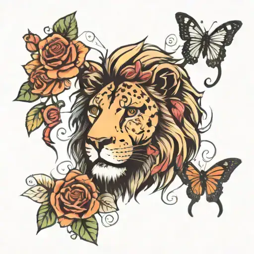 Lion Face With Roses And Butterflies And Claw Mark