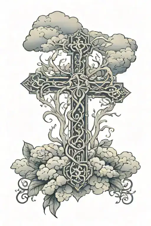 Christian Cross Intertwined With Veins And Small Trees And Clouds In Background