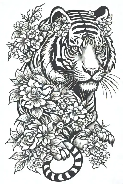 Japanese Tiger With Flowers Intertwined