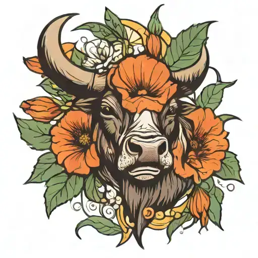 Bull With California Poppy And Costa Rica National Flower