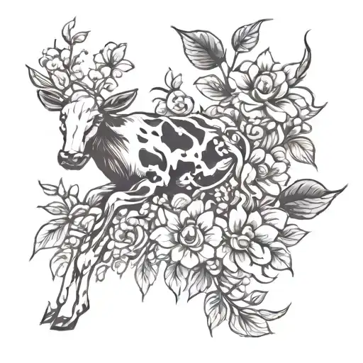 Calf And Flowers And Plant Branches