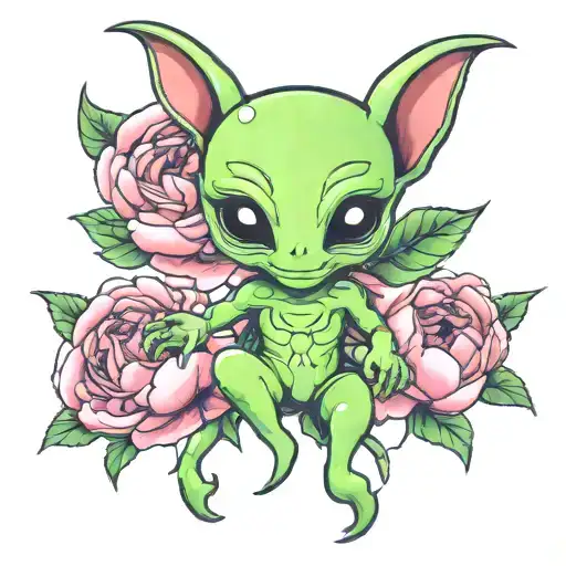 Cute Alien And Peony Flower Intertwined