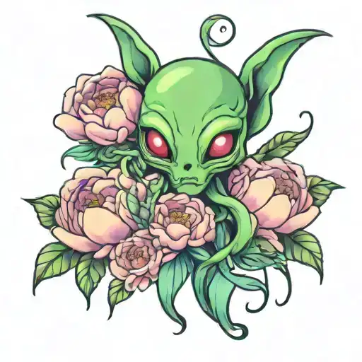 Cute Alien Head And Peony Flower Intertwined