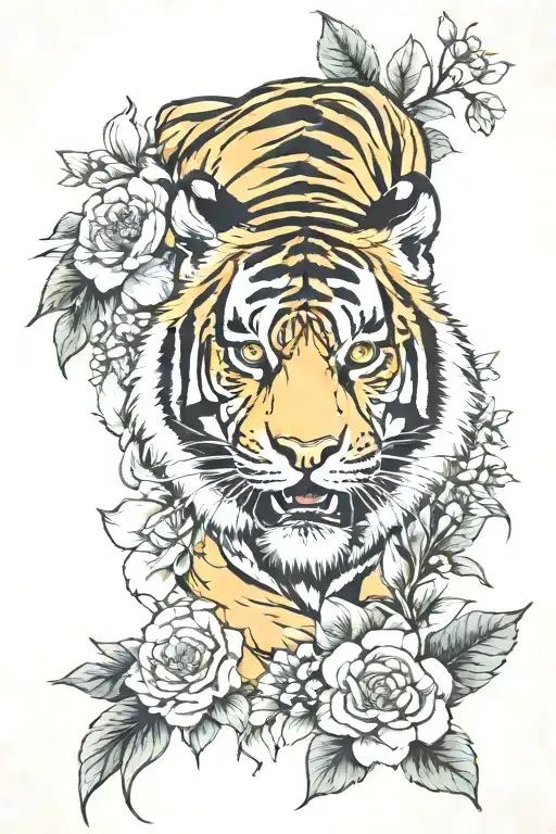 Tiger And Flowers