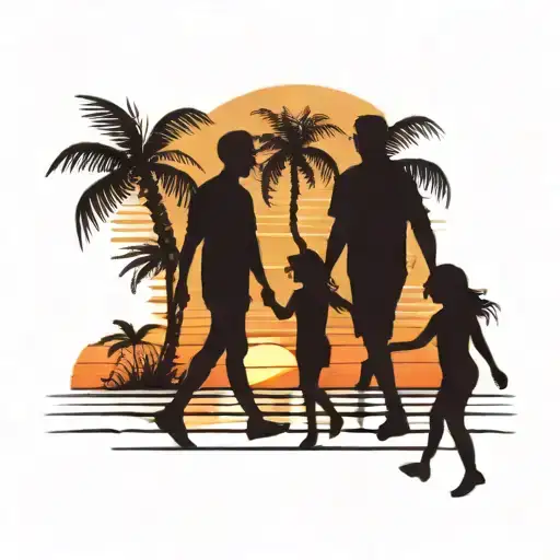 Dad And Two Daughters Walking On The Beach In The Sunset With Palm Trees