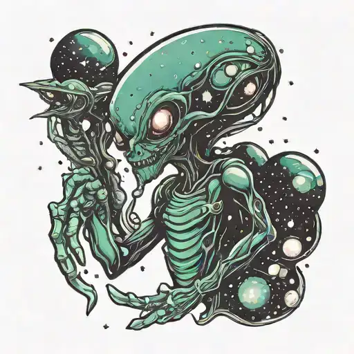 A Fantasy Tattoo Of An Alien Creature Exploring A Galaxy Filled With Stars And Planets