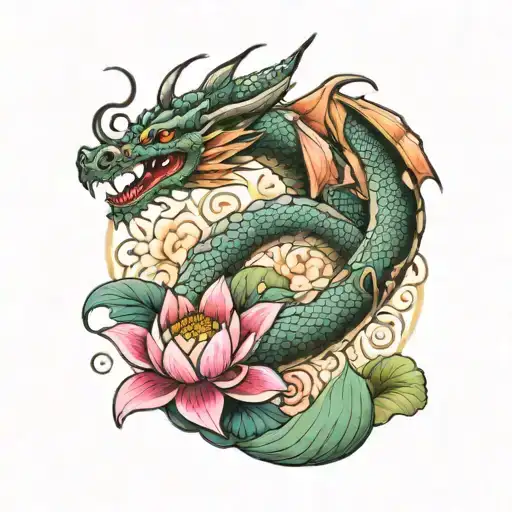 Dragon With Lotus Flower Blooming