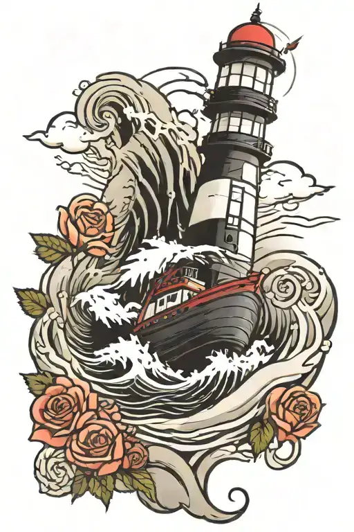 Lighthouse Crashing Waves Sinking Ship And Wild Roses