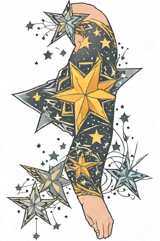 Full Arm Sleeve Tattoo With Different Size Stars