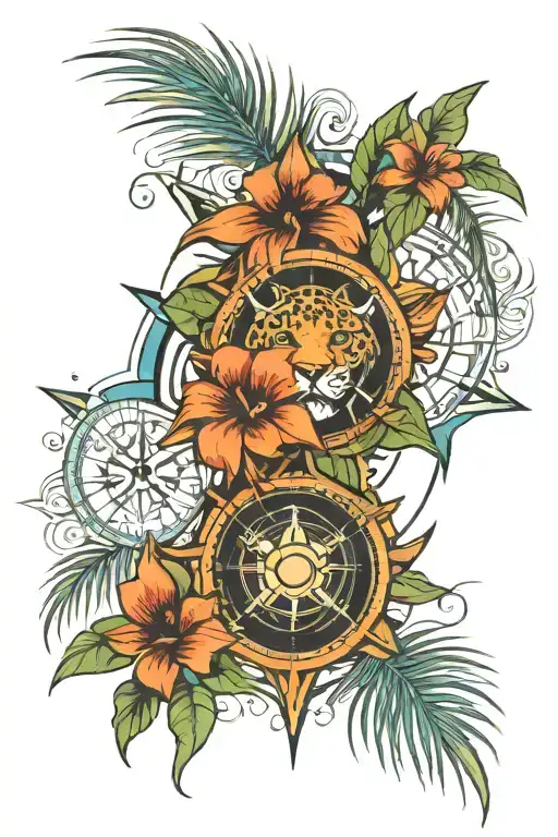 Jaguar Palm Trees Compass Rose Intertwined