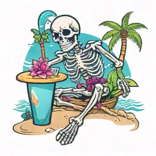 A Skeleton Enjoying A Day At The Beach With Miami Vice Inspired Colors
