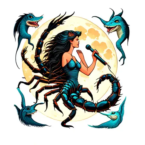 A Magical Scorpio Woman Singing Under The Moonlight Surrounded By Fantastical Creatures
