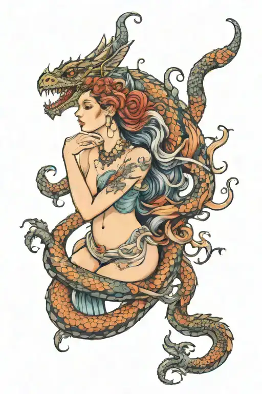 Aphrodite Greek Goddess Full Body Surrounded By A Dragon