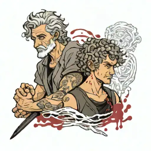 Gray-haired Father And Curly-haired Son Covered In Blood