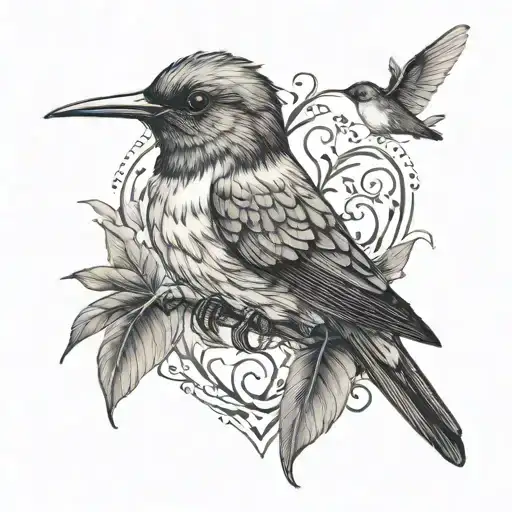 Feather And Small Humming Bird With A Heart In The Shape Of A Family Tree