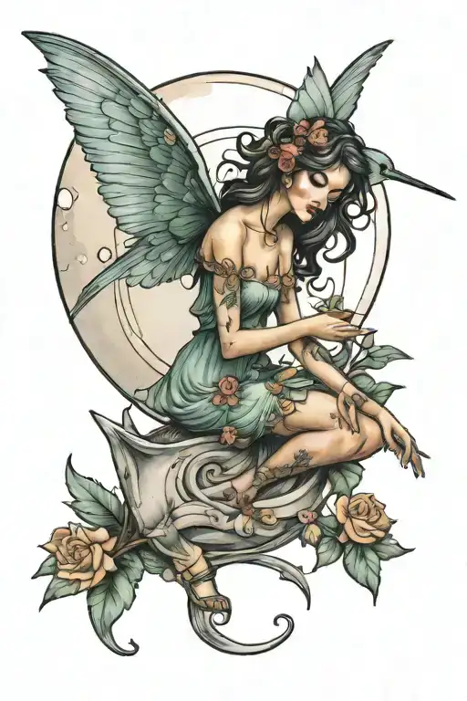 Fairy Sitting On Moon With Hummingbird Hovering