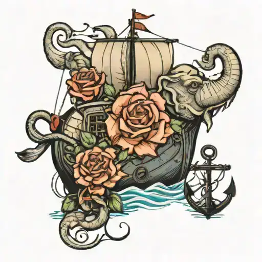 Elephant Ship Sailing Through Stormy Dying Roses Wrapped Anchor