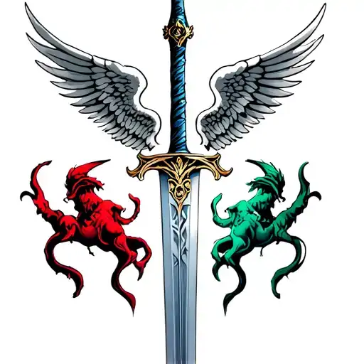 Sword With Angel And Devil Wings Spread Wide