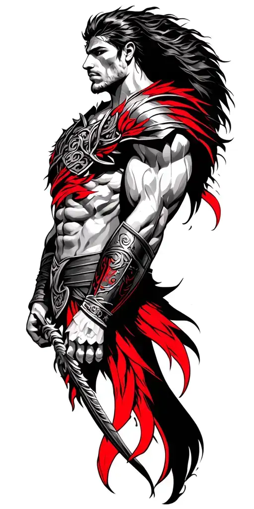 Realistic Muscle Gladiator Design Combined Trible Black And Red Tattoos For Arm And Chest