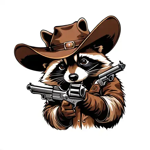 Racoon Wearing A Cowboy Hat Holding Flintlock Pistols