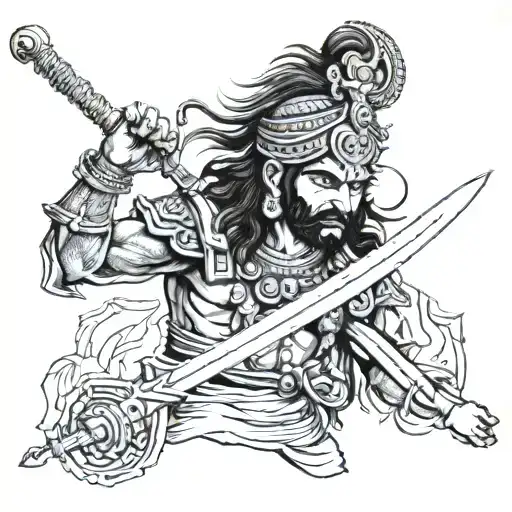 Hindu Rajput Warrior Weilding Sword An Holding Decapitated Head Of Enemy