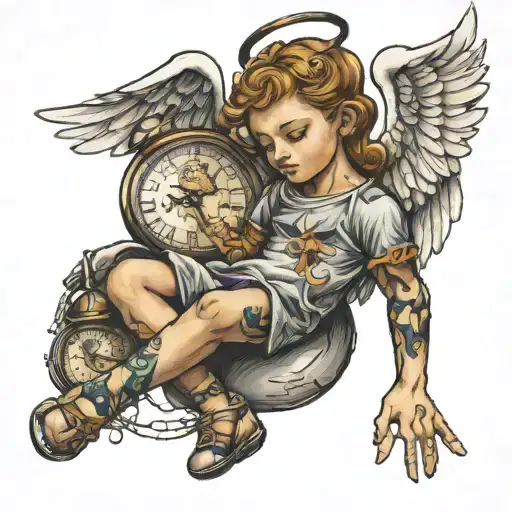 Child Angel Holding A Broken Clock