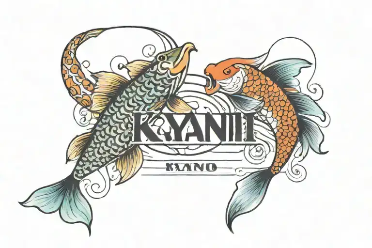 Design Tattoo Written Words Kyani And Kairo With Musical Notes And Koi Fish