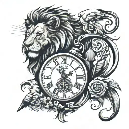 Lion With Broken Clock And Birds